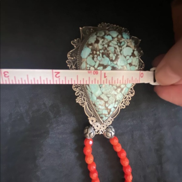 Egyptian Turquoise pendant set in 925 SS on a coral faceted bead necklace NWOT - Picture 6 of 7